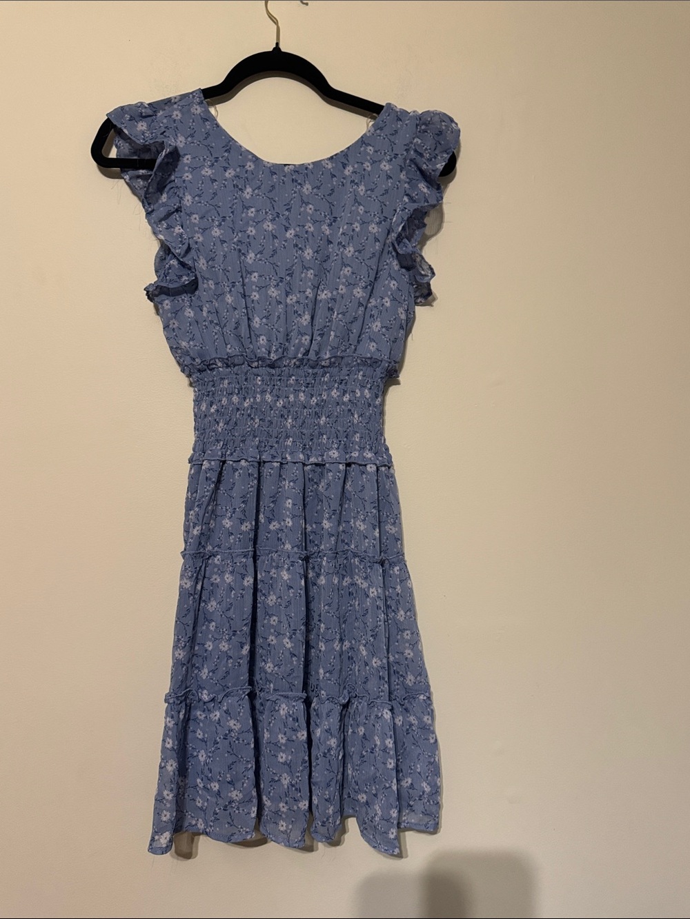 Altar'd State Blue Floral Tiered Midi Dress with Ruffle Sleeves